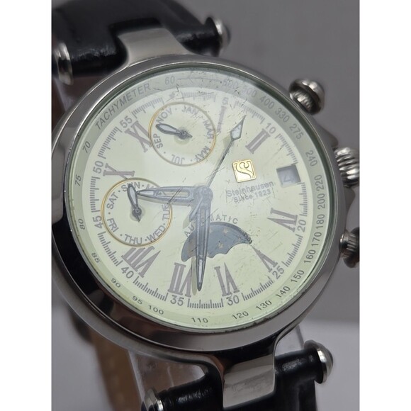 Steinhausen Marquise Automatic Watch Moon Phase Triple Calendar Silver Black - Picture 5 of 13